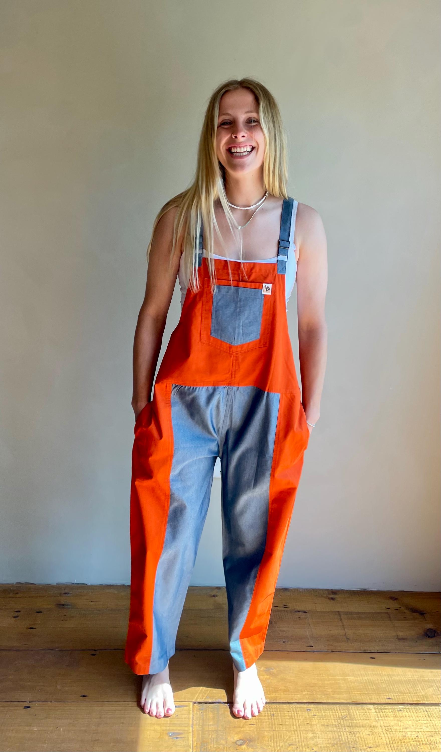 Baggy Orange/Denim Overalls, Comfy Dungarees, Jumpsuit, Pottering, Festival, Allotment, 100% Cotton, Adjustable, Pockets, Rust