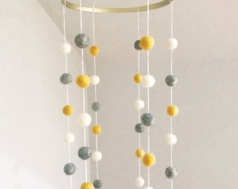 Mustard, Grey & White baby mobile, felt ball mobile,  crib mobile, cot mobile, newborn gift,  unisex nursery decor, baby shower gift