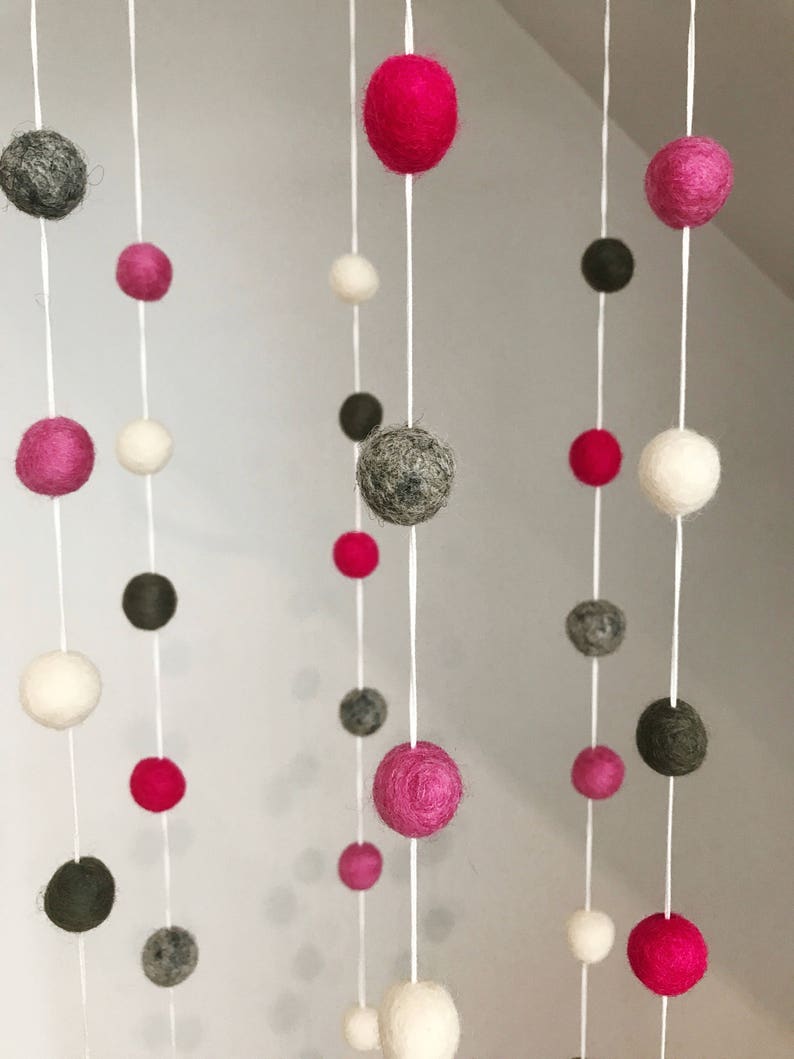 Pink and grey felt ball cot mobile/pink and grey nursery mobile/pink and grey nursery, felt ball crib mobile, cot mobile, baby shower gift image 2