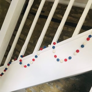 Red, White and Blue felt ball garland, festive bunting decoration, garden bunting, pompom garland, party bunting image 4