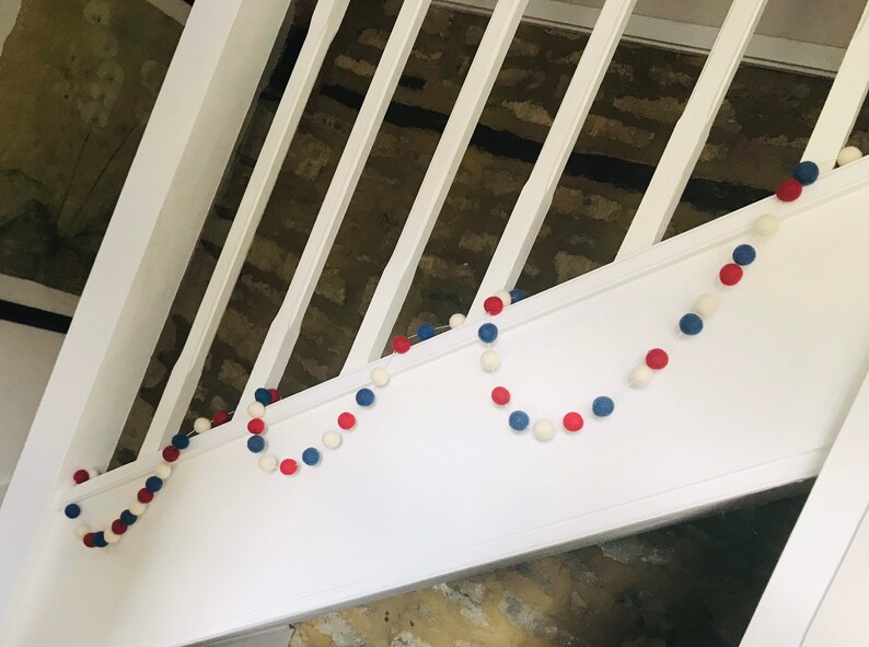 Red, White and Blue felt ball garland, festive bunting decoration, garden bunting, pompom garland, party bunting image 4