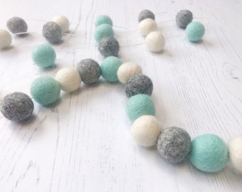 Felt Ball Garland Mint, Grey & White// Nursery garland, playroom garland, baby shower gift, felt ball decorations, baby room garland