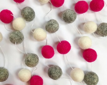 Felt Ball Garland - Pink, Grey & White// customised garland, nursery garland, nursery decor, playroom decor, garlands, baby shower gift