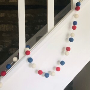 Red, White and Blue felt ball garland, festive bunting decoration, garden bunting, pompom garland, party bunting image 3