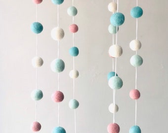 Pastel felt ball baby mobile, turquoise/pink/white crib mobile, custom nursery mobile, baby shower gift, Pastel nursery, pastel cot mobile,