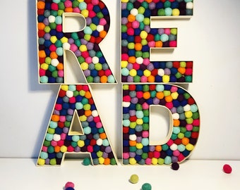 Fillable READ felt ball letters, reading corner sign, playroom, playroom signs, READ letters, alphabet letters,  fillable nursery letters