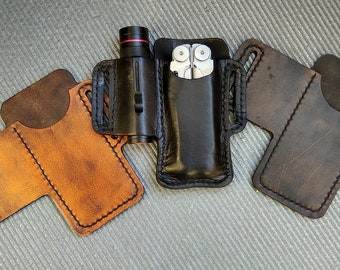 Handmade leather pouch for Leatherman multitool and flashlight