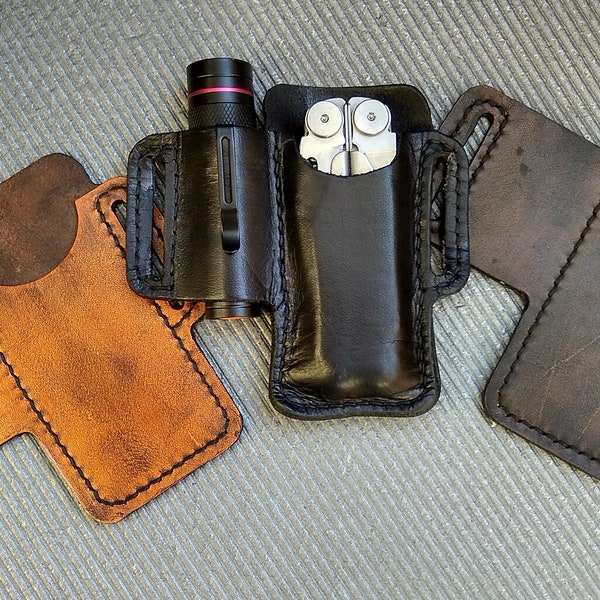 Handmade leather pouch for Leatherman multitool and flashlight