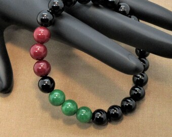 Black Onyx | Red and Green Jade | 8mm Stretch Bracelet | Free Shipping