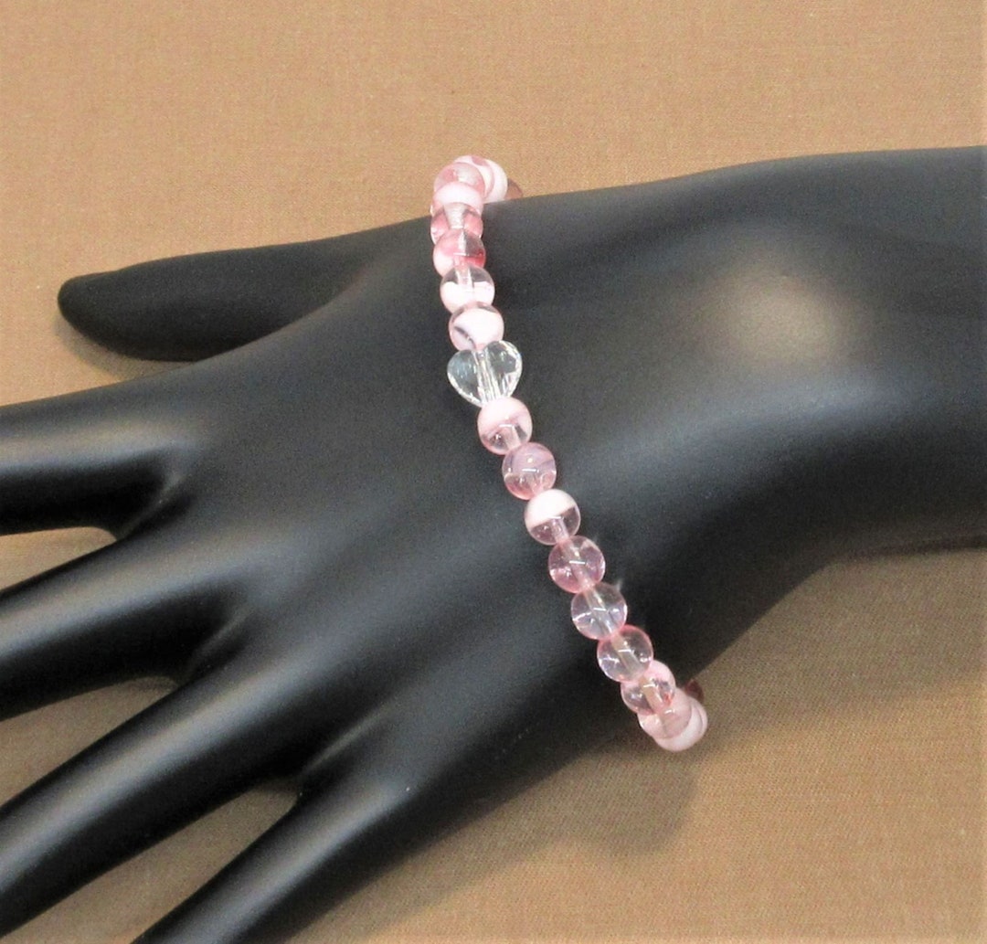 Pink, White, and Clear Czech Druk Beads Swarovski Crystal Heart Stretch