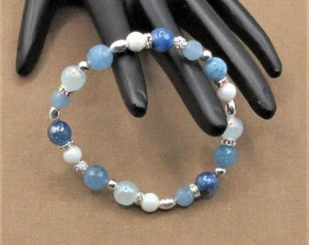 Silver and Shades of Blue | Mix of Jade, Quartz, Luster, Crystal and AB Crystal | Stretch Bracelet | Free Shipping