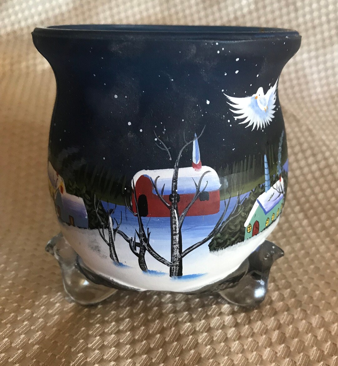 Christmas Footed Candle Holder Winter/holiday Snow Scene Dove Etsy