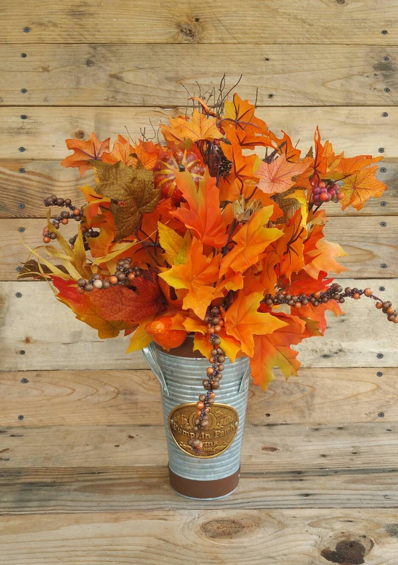 Autumn Leaves Vase Fall Arrangement Orange Decor Metal Etsy