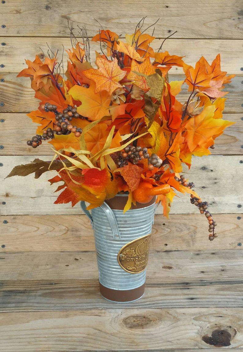 Autumn Leaves Vase Fall Arrangement Orange Decor Metal Etsy