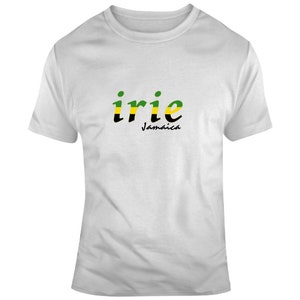 May include: White t-shirt with the word "irie" in black and green lettering with yellow accents. The word "Jamaica" is written in black below the word "irie".