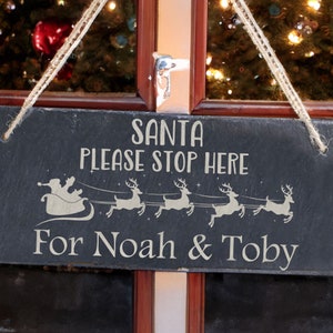 Personalised 'Santa Please Stop Here' Slate Door Sign – Custom Engraved Christmas Decoration for Kids, Rustic Sign with Children's Names