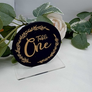 Circle Wedding Table Number | Stylish leaf table numbers | Table decor | Black Numbers