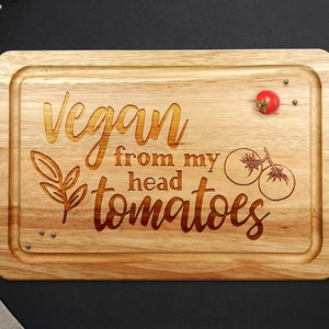 Vegan From My Head Tomatoes - Sustainable Hevea Hardwood Chopping Board 30cm x 20cm With Juice Groove