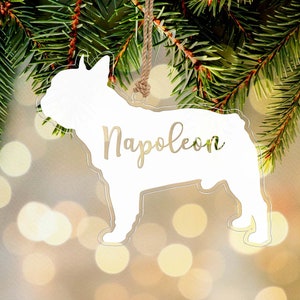Personalised French Bulldog &#39;Frenchie&#39; Engraved Acrylic Hanging Christmas Tree Decoration Bauble with Jute String