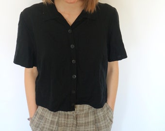 Vintage Black Button Up Cropped Blouse Crop Top for Woman