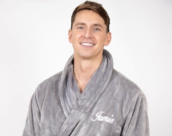 Mens Grey fluffy bathrobe Personalised/Dressing Gown/Cosy bathrobe