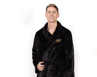 Mens Black  luxurious fluffy bathrobe Personalised