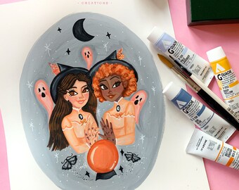 Halloween Witches ORIGINAL Gouache painting/ Victorian witches/ black witch/brunette witch/ghost witch/crystal ball witch