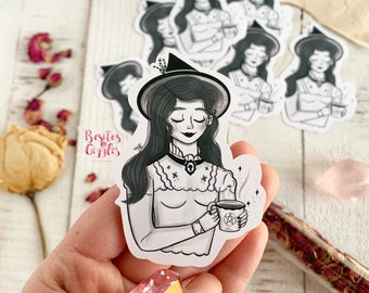 Witch's brew sticker/ brunette tea witch sticker/ witch sticker /victorian witch MATTE & SATIN sticker