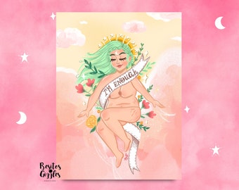 Celestial goddess Print/Body positive print/ Green haired goddess print/I'm enough print/feminist art