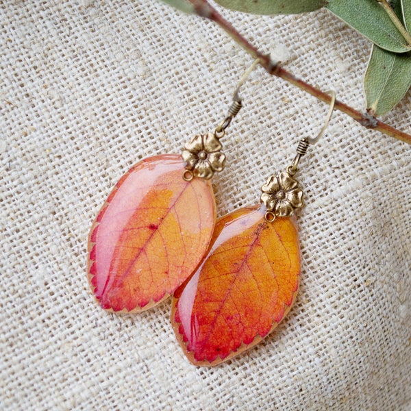 Autumn earrings Dangle orange earrings  Rose earrings Terrarium jewelry Floral earrings Real flower jewelry Terrarium earrings