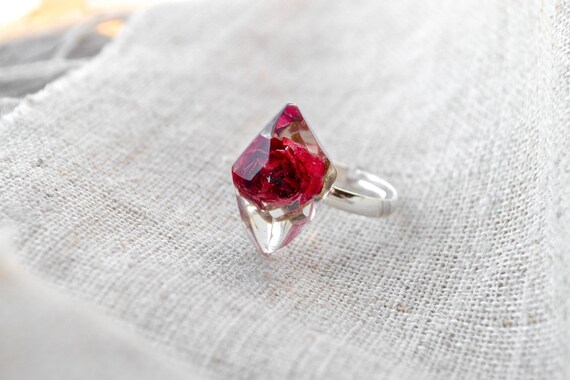 real rose dark red jewelry Resin jewelry Rose Leaf Resin Ring real flowers ring rose ring real flower jewelry gift