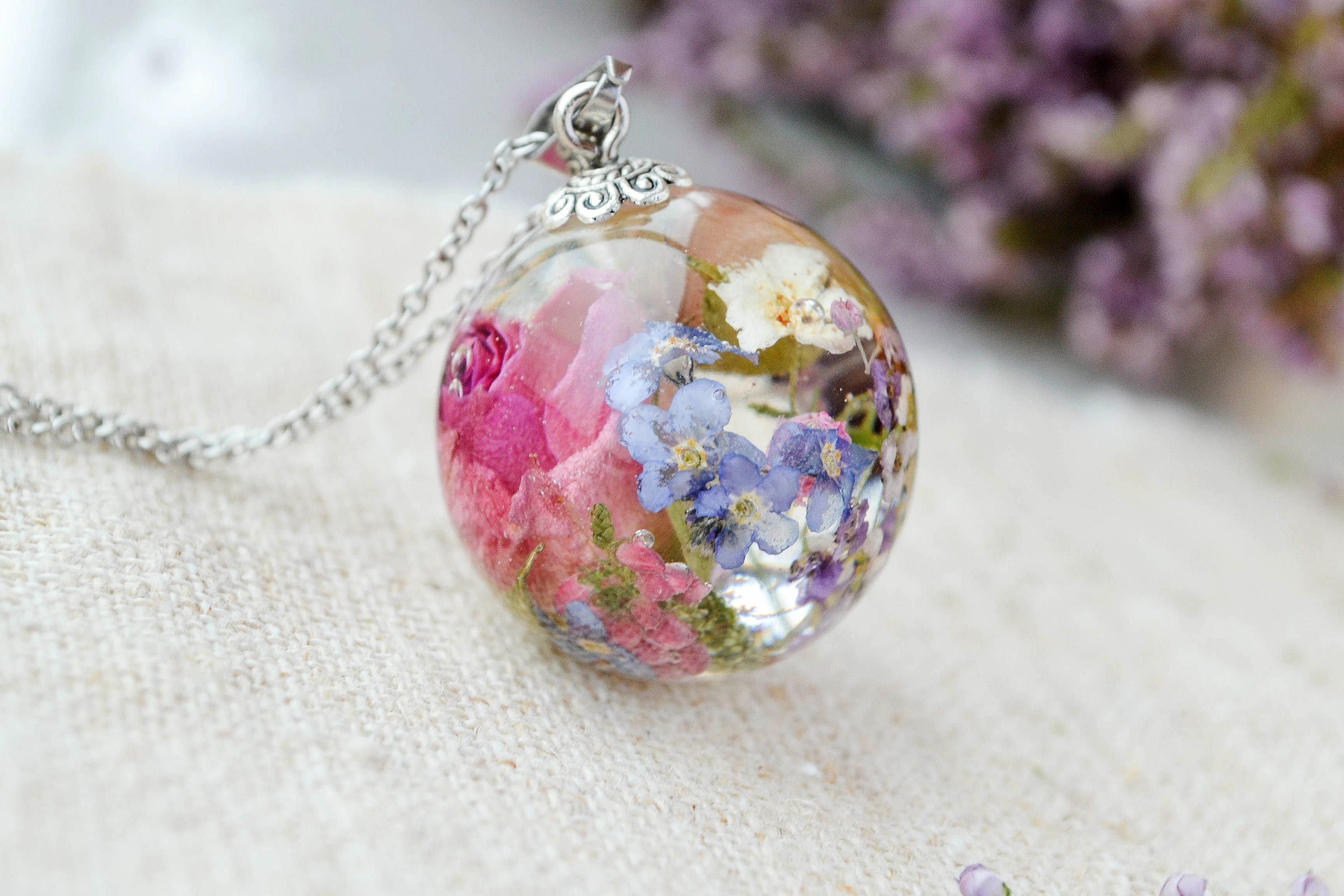 Forget me not pendant Eco resin Crystal terrarium real flower necklace Real plant 18th birthday gift Blue mini terrarium 30th birthday gift