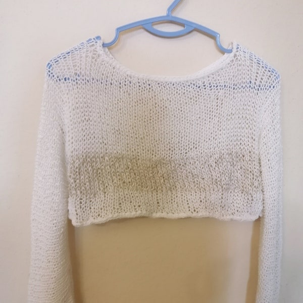 Summer Knitted Top Women, Short Knit Top, Cropped Knit Top, Soft White Top, Long Sleeve Knit Top, Cotton Top, Knit Shrug, Knit Bolero