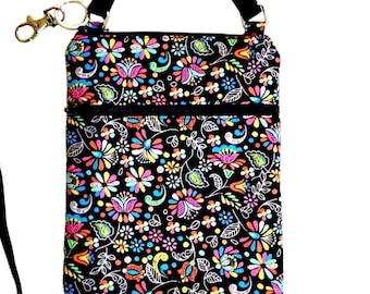 Cell phone bag; Crossbody bag; Cell phone purse; Crossbody purse;  Multi-color cotton fabric; Free shipping; Handmade in the USA.