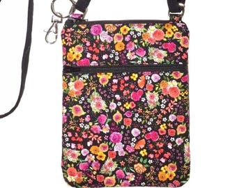 Cell phone bag; Crossbody bag; Cell phone purse; Crossbody purse;  Multi-color floral cotton fabric; Free shipping; Handmade in the USA.