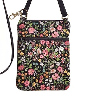 Cell phone bag; Crossbody bag; Cell phone purse; Crossbody purse;  Multi-color floral cotton fabric; Free shipping; Handmade in the USA.