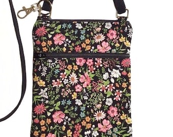 Cell phone bag; Crossbody bag; Cell phone purse; Crossbody purse;  Multi-color floral cotton fabric; Free shipping; Handmade in the USA.