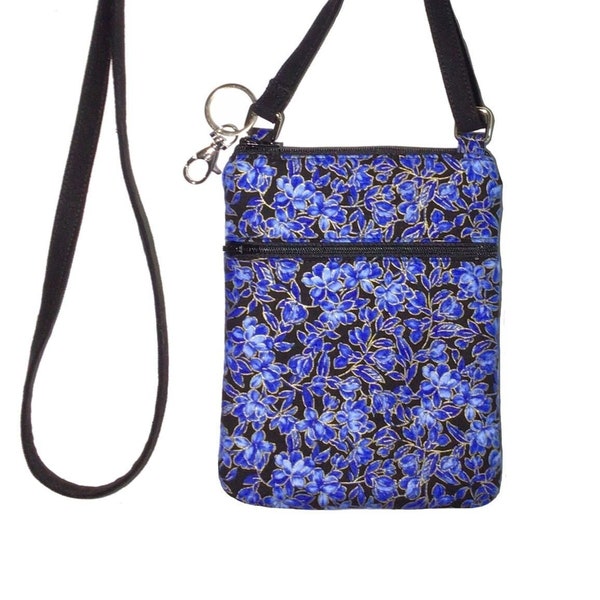 Cell phone bag; Crossbody bag; Cell phone purse; Crossbody purse;  Blue/gold/black floral cotton fabric; Free shipping; Handmade in the USA.