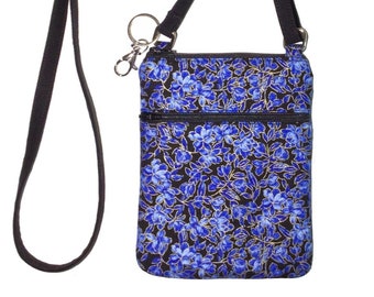 Cell phone bag; Crossbody bag; Cell phone purse; Crossbody purse;  Blue/gold/black floral cotton fabric; Free shipping; Handmade in the USA.