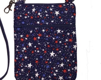 Handmade USA Cotton Crossbody Cell Phone Bag: Red White Blue Stars