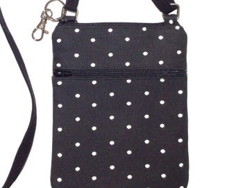 Cell phone bag; Crossbody bag; Cell phone purse; Crossbody purse; Black/white canvas fabric; Free shipping; Handmade in the USA.