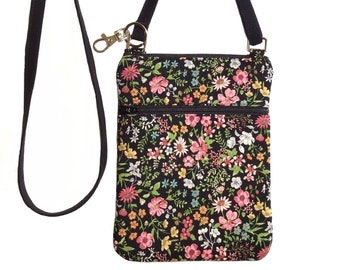 Cell phone bag; Crossbody bag; Cell phone purse; Crossbody purse;  Multi-color floral cotton fabric; Free shipping; Handmade in the USA.