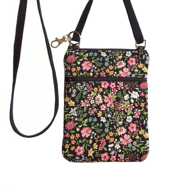 Cell phone bag; Crossbody bag; Cell phone purse; Crossbody purse;  Multi-color floral cotton fabric; Free shipping; Handmade in the USA.