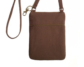 Cell phone bag; Crossbody bag; Cell phone purse; Crossbody purse; Brown canvas fabric; Free shipping; Handmade in the USA.