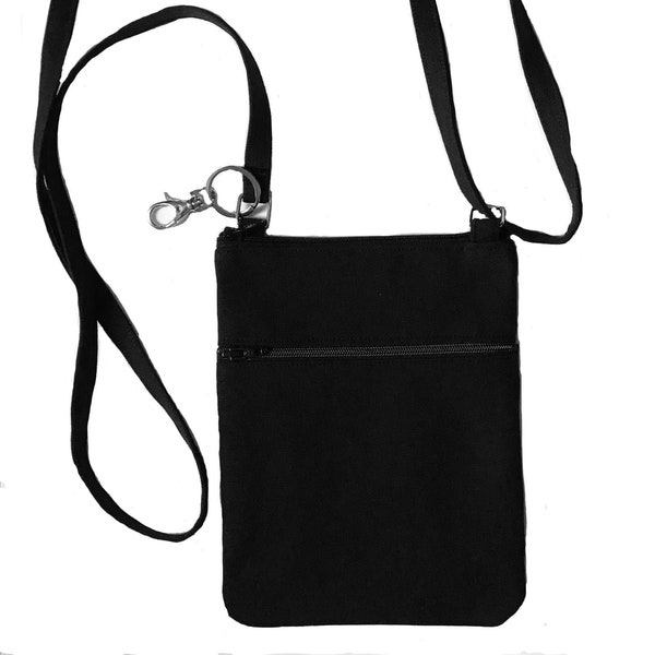Cell phone bag; Crossbody bag; Cell phone purse; Crossbody purse; Black canvas fabric; Free shipping; Handmade in the USA.