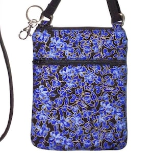 Cell phone bag; Crossbody bag; Cell phone purse; Crossbody purse; Blue/gold/black floral cotton fabric; Free shipping; Handmade in the USA.