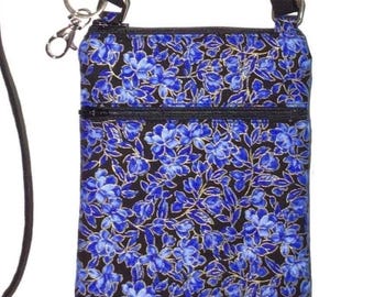 Cell phone bag; Crossbody bag; Cell phone purse; Crossbody purse; Blue/gold/black floral cotton fabric; Free shipping; Handmade in the USA.