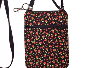Handmade Cotton Crossbody Cell Phone Bag: Black & Red, USA Made