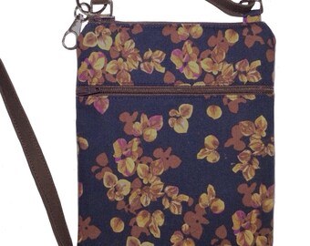 Cell phone bag; Crossbody bag; Cell phone purse; Crossbody purse;  DARK BLUE/brown floral cotton fabric; Free shipping; Handmade in the USA.
