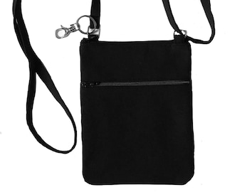 Cell phone bag; Crossbody bag; Cell phone purse; Crossbody purse; Black canvas fabric; Free shipping; Handmade in the USA.